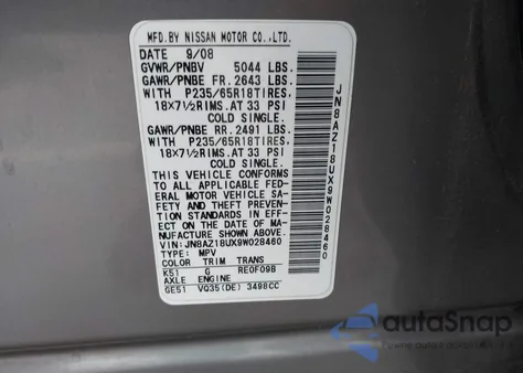 2009 Nissan Murano S z USA, uszkodzony, nr VIN JN8AZ18UX9W028460